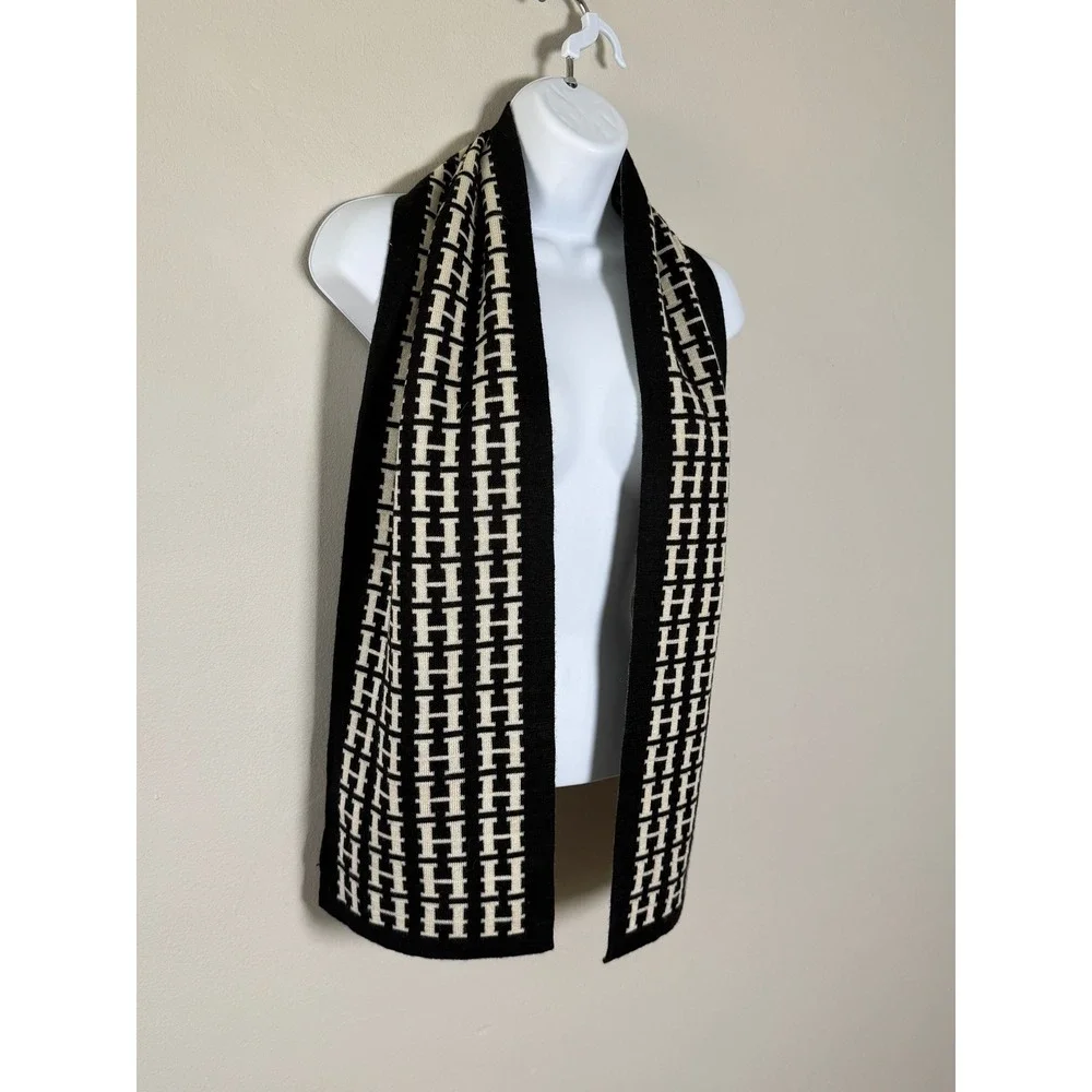 Hermes Scarf Shawl OS Black Cream Wool Blend Luxury Monogram Reversible Knit